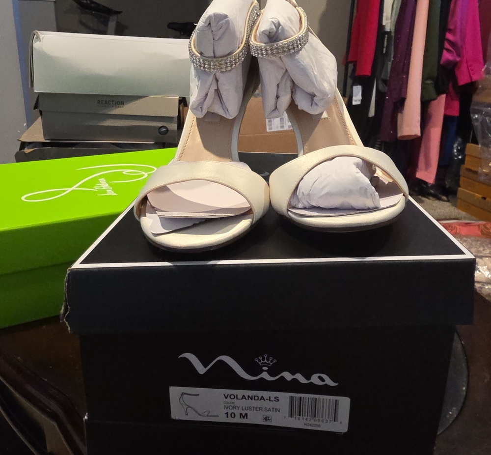 Nina Ivory Satin Open-Toe Ankle-Strap Heels with Crystal Trim